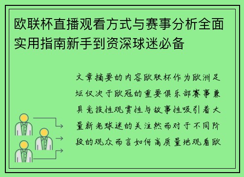 欧联杯直播观看方式与赛事分析全面实用指南新手到资深球迷必备 欧联杯直播观看方式与赛事分析全面实用指南新手到资深球迷必备